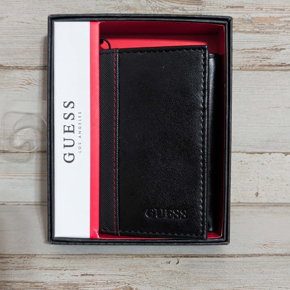 GUESS Black Leather Men's Trifold Wallet RFID - NEW